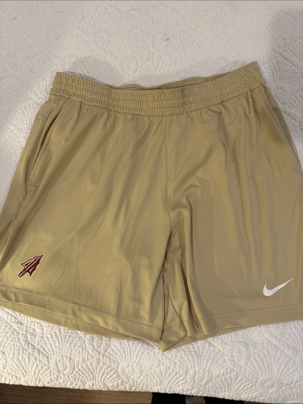 Nike Men's Tan Athletic Shorts with White Swoosh